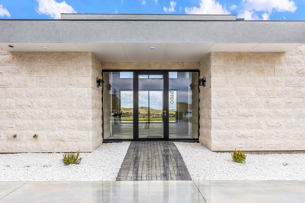Photo of a large contemporary front door in Boise with white walls, porcelain flooring, a pivot front door, a glass front door and grey floors.