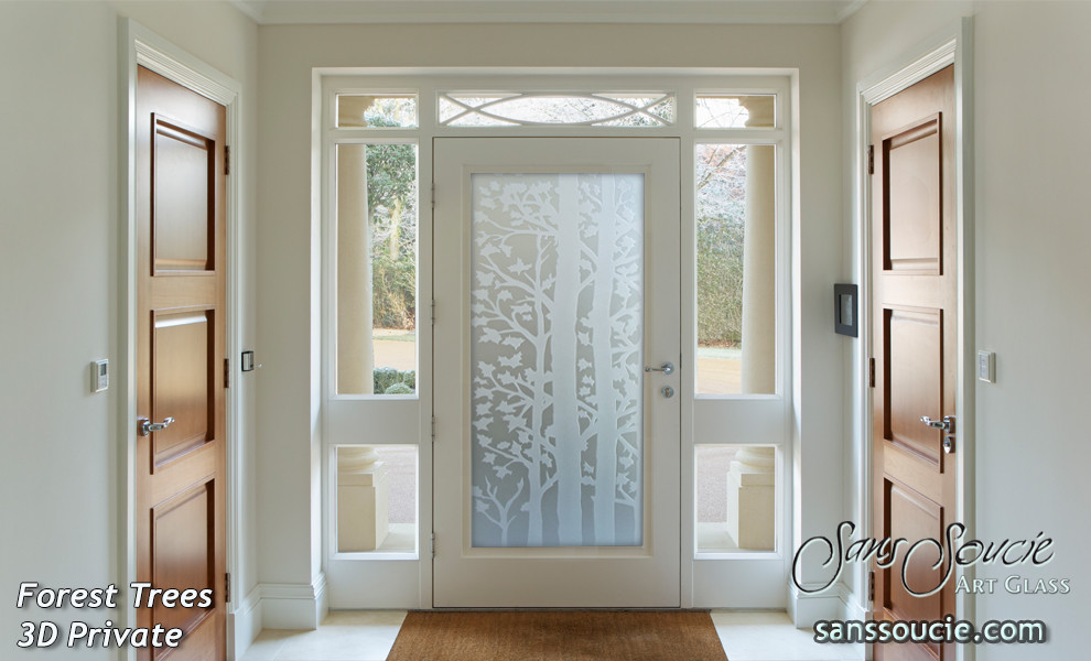 Ispirazione per una porta d'ingresso minimal di medie dimensioni con pareti bianche, pavimento con piastrelle in ceramica, una porta singola e una porta in vetro