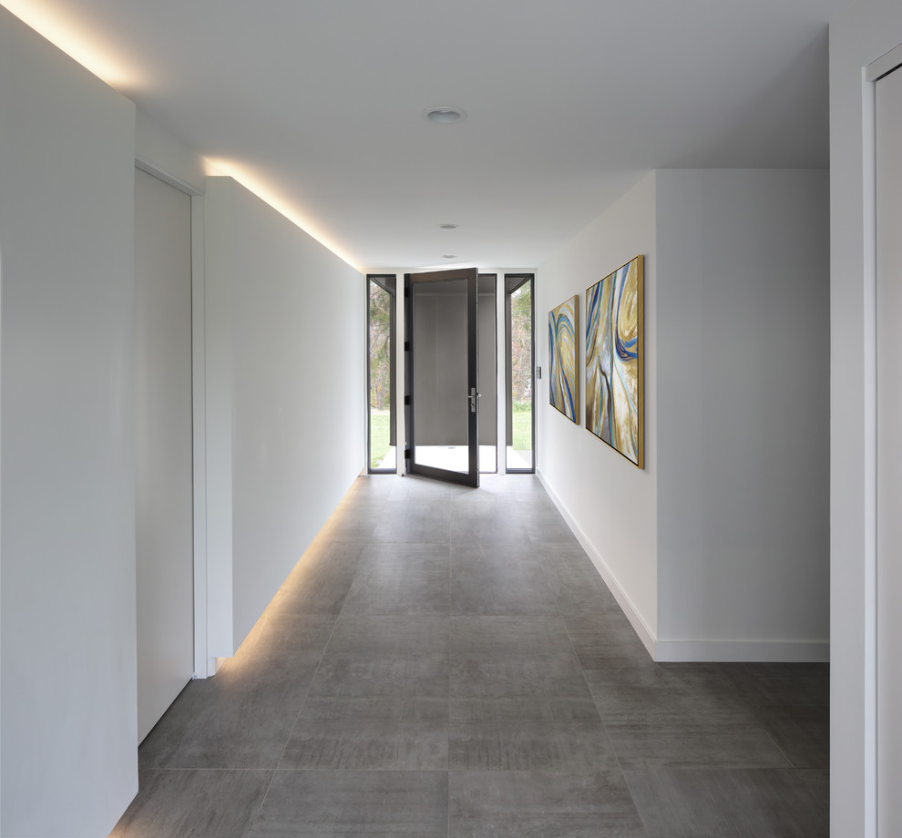 Foto di un corridoio moderno con pareti bianche, una porta singola, una porta in vetro e pavimento grigio