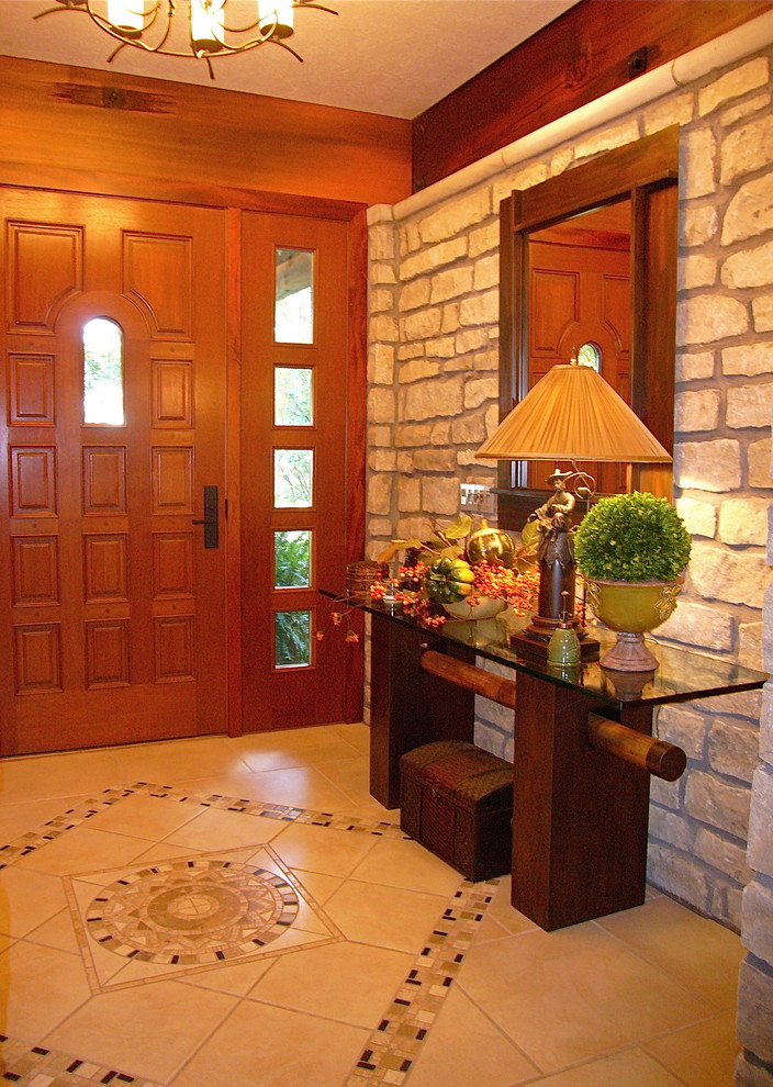 Photo of a mediterranean entrance in Cleveland with feature lighting.