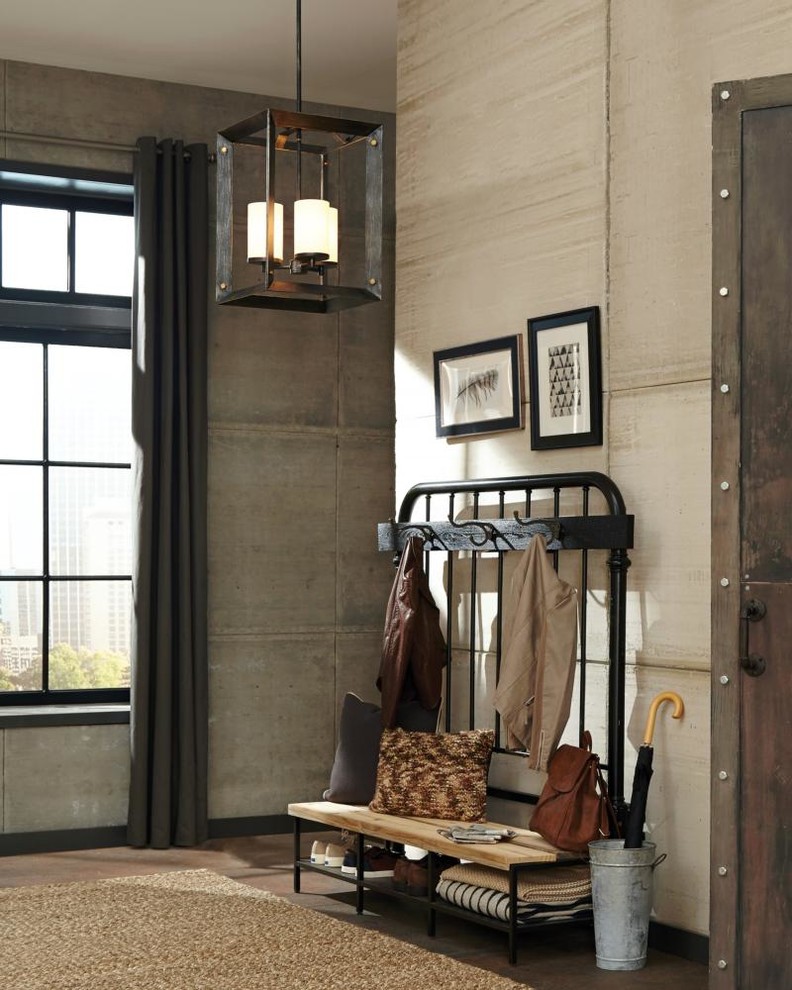 Foyer - mid-sized rustic dark wood floor and brown floor foyer idea in Detroit with beige walls