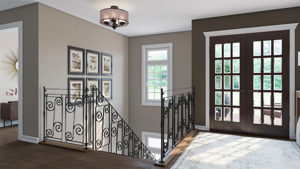 Пример оригинального дизайна: большое фойе в стиле неоклассика (современная классика) с коричневыми стенами, темным паркетным полом, двустворчатой входной дверью, стеклянной входной дверью и коричневым полом