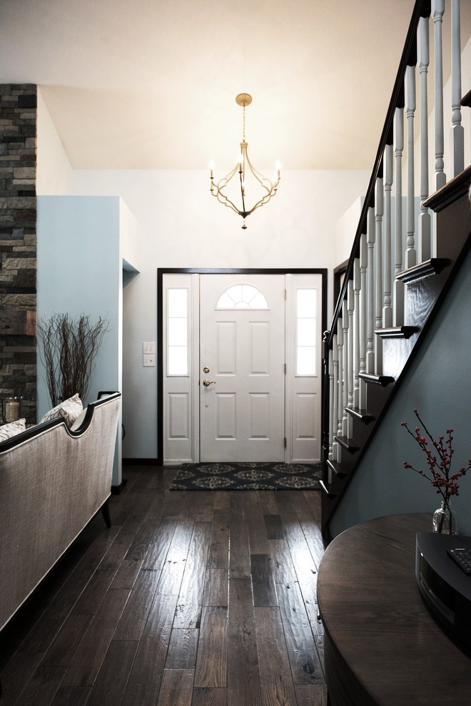 Источник вдохновения для домашнего уюта: фойе среднего размера в стиле неоклассика (современная классика) с синими стенами, темным паркетным полом и белой входной дверью