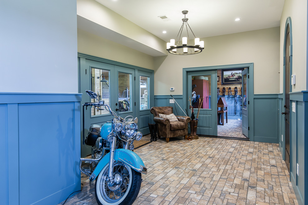Large cottage porcelain tile entryway photo in Raleigh with blue walls and a dark wood front door