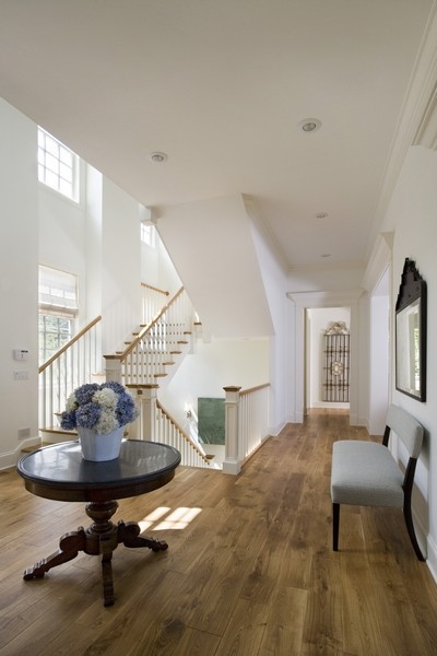 This is an example of an expansive classic foyer in Chicago with white walls, light hardwood flooring, a single front door and a medium wood front door.