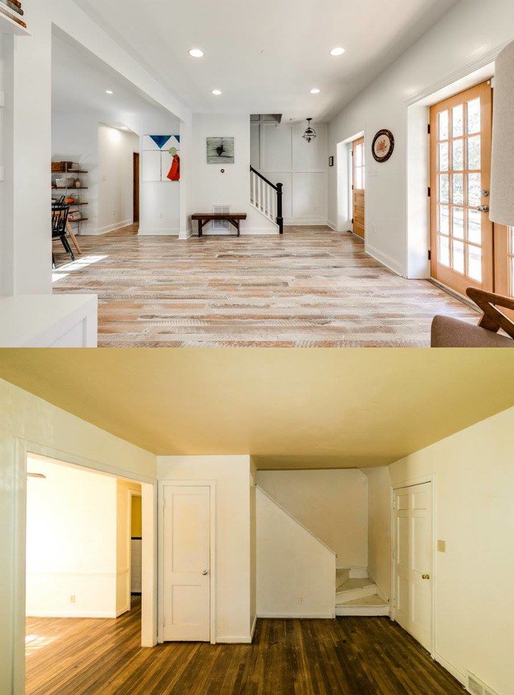 Inspiration for a mid-sized transitional medium tone wood floor entryway remodel in Richmond with white walls and a light wood front door