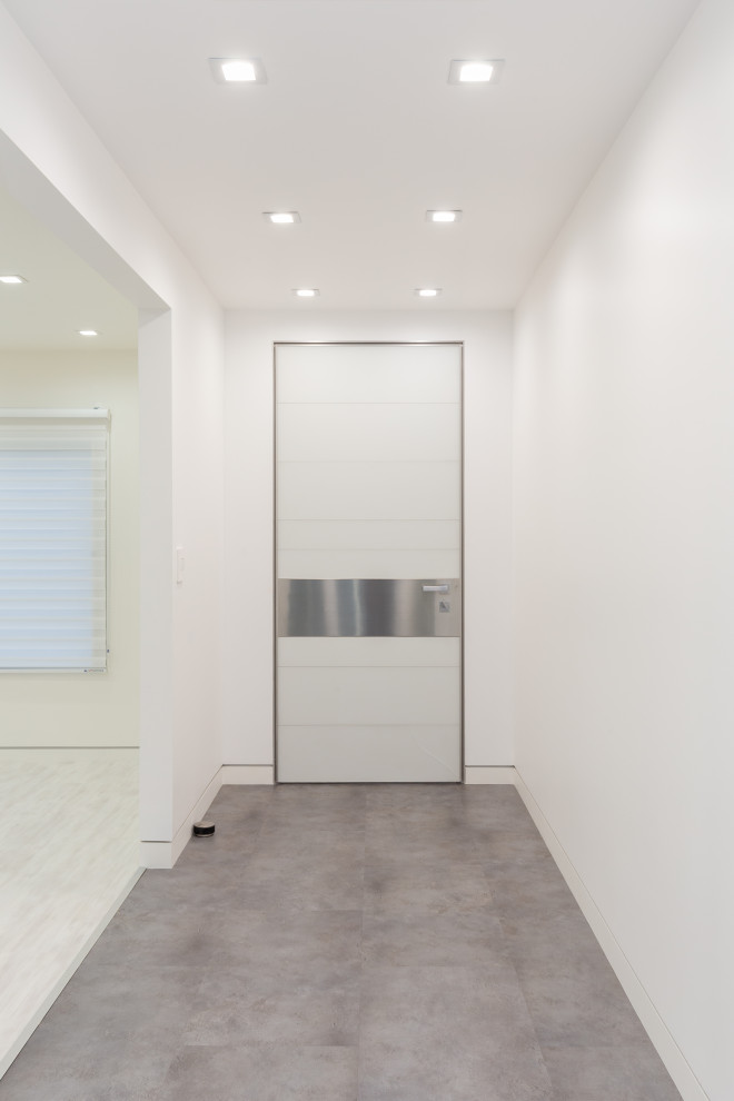 Esempio di una porta d'ingresso minimalista di medie dimensioni con pavimento grigio