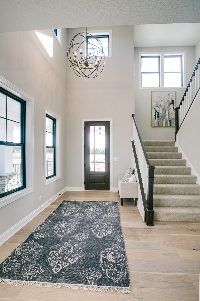 Design ideas for a medium sized traditional foyer in Minneapolis with grey walls, light hardwood flooring, a single front door and a glass front door.