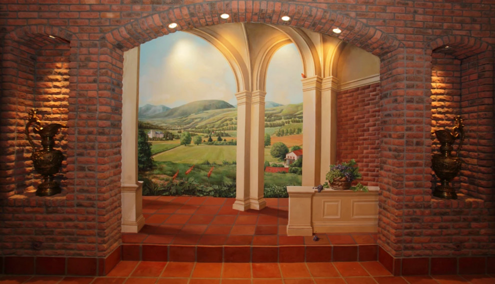 Пример оригинального дизайна: узкая прихожая среднего размера в классическом стиле с коричневыми стенами, полом из терракотовой плитки и коричневым полом