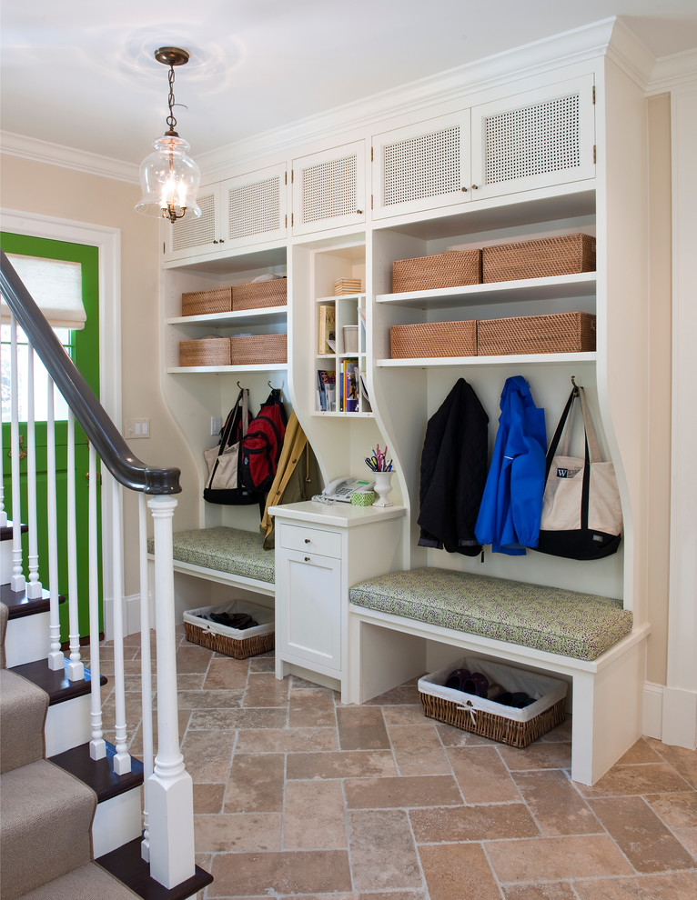 Design ideas for a classic boot room in DC Metro with a green front door, beige walls and a stable front door.