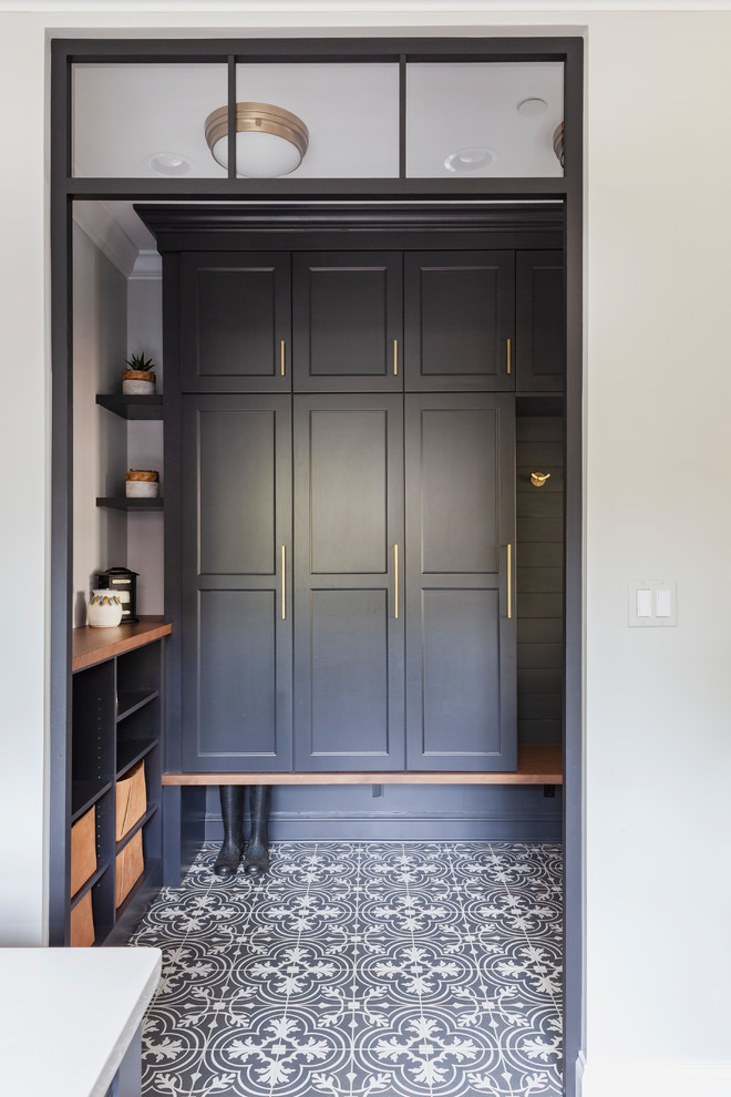 Medium sized coastal boot room in Chicago with grey walls, porcelain flooring, a single front door, a grey front door and multi-coloured floors.