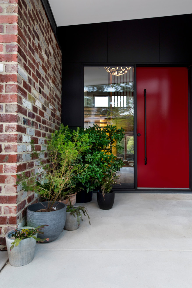 Пример оригинального дизайна: входная дверь среднего размера в современном стиле с черными стенами, бетонным полом, поворотной входной дверью, красной входной дверью и серым полом