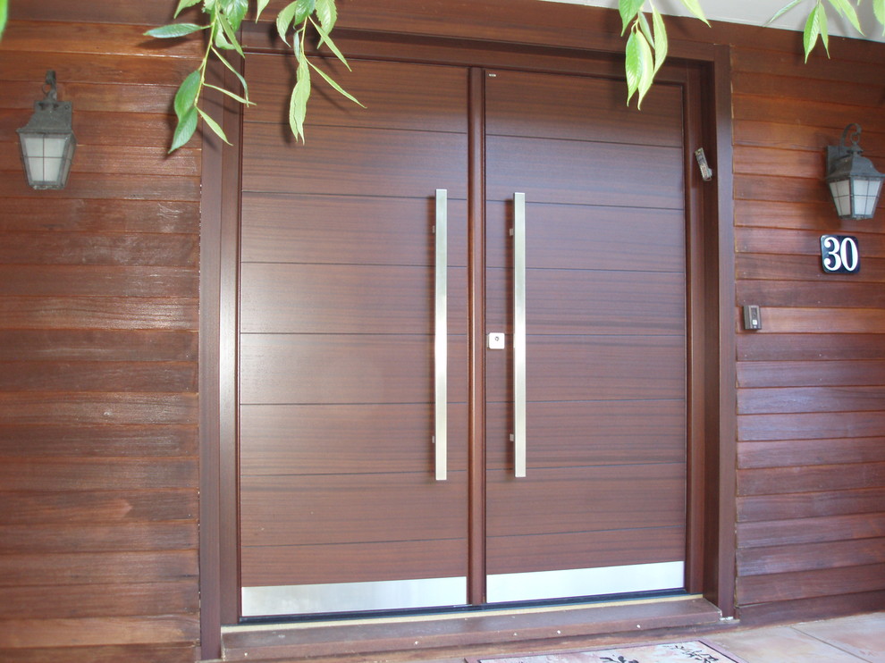 Источник вдохновения для домашнего уюта: входная дверь в современном стиле с двустворчатой входной дверью и входной дверью из темного дерева