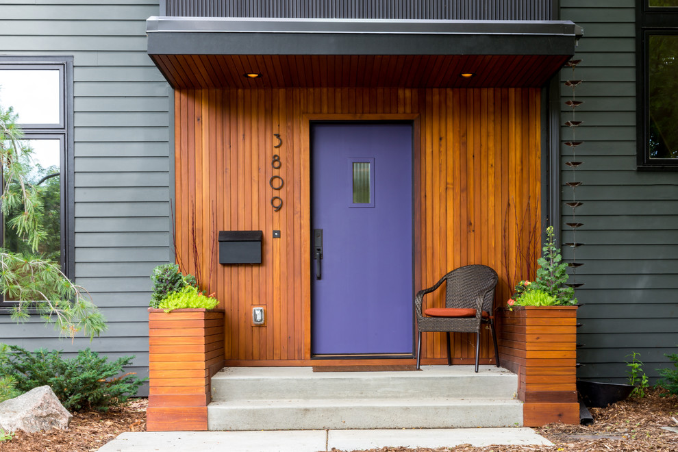 Свежая идея для дизайна: прихожая в современном стиле с серыми стенами, одностворчатой входной дверью и фиолетовой входной дверью - отличное фото интерьера