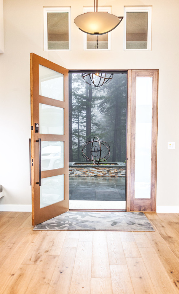 Idées déco pour une grande porte d'entrée moderne avec un mur blanc, parquet clair, une porte simple et une porte en bois brun.