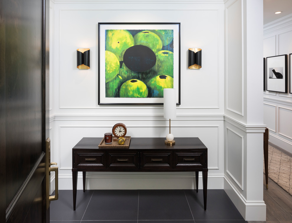 Inspiration for a medium sized contemporary foyer in Minneapolis with white walls, porcelain flooring, a single front door, a black front door, black floors and a dado rail.