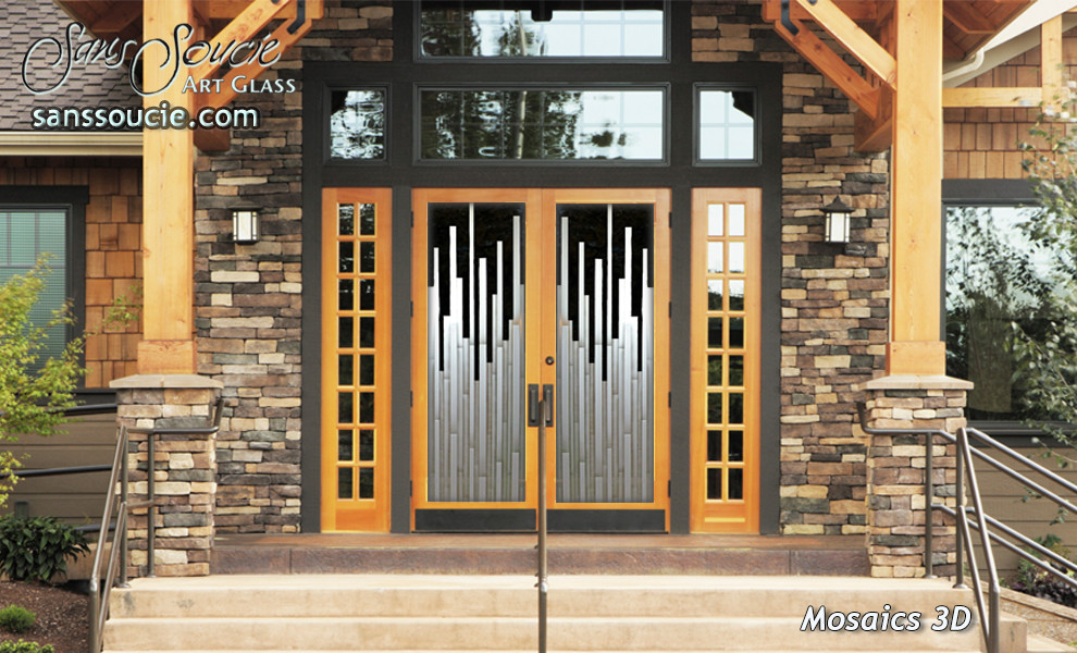 Große Eklektische Haustür mit beiger Wandfarbe, Travertin, Doppeltür und Haustür aus Glas in Sonstige
