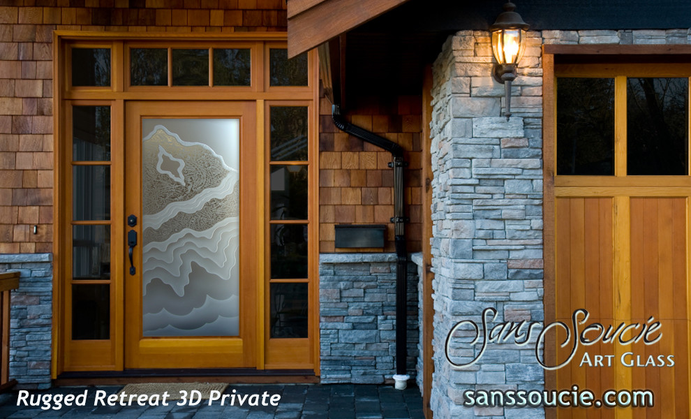 Große Rustikale Haustür mit beiger Wandfarbe, dunklem Holzboden, Einzeltür und Haustür aus Glas in Sonstige