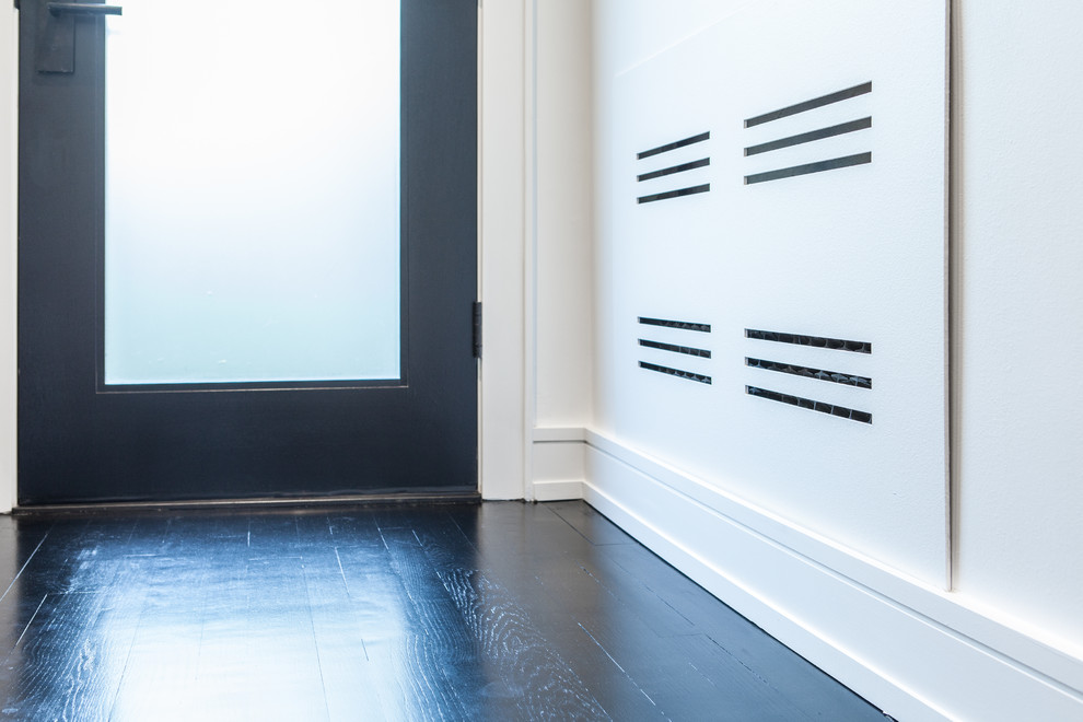 Cette image montre un hall d'entrée minimaliste de taille moyenne avec un mur blanc, parquet foncé, une porte noire, un sol noir et une porte pivot.