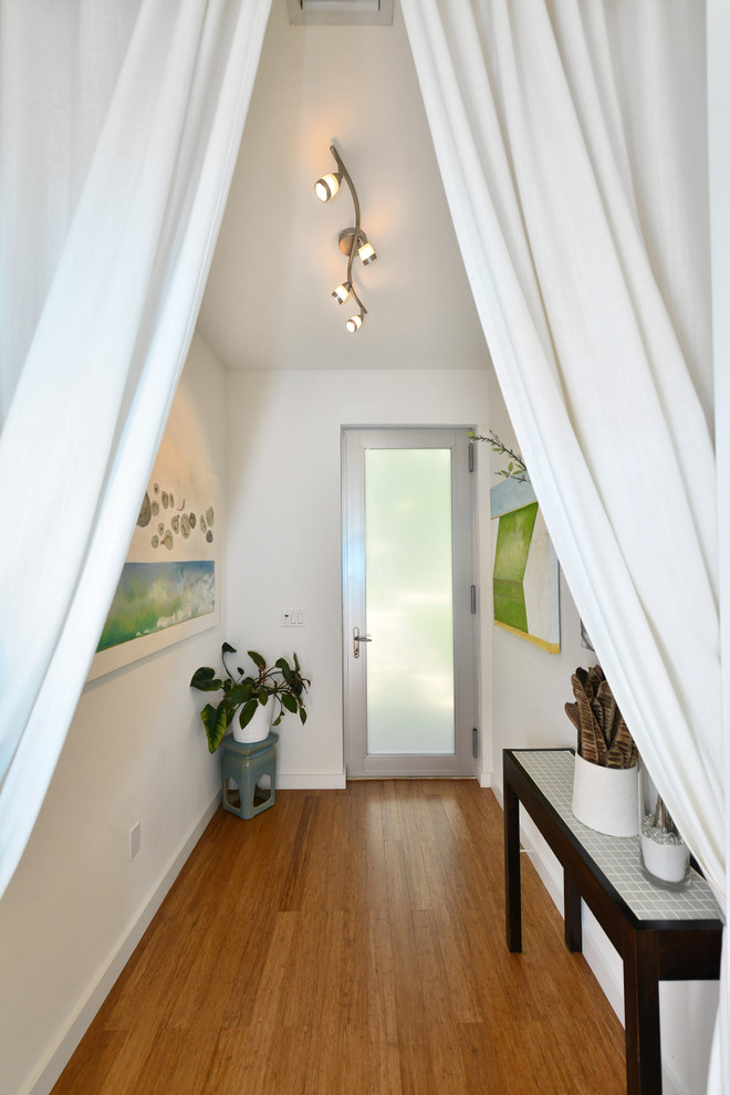 На фото: маленькое фойе в стиле модернизм с белыми стенами, паркетным полом среднего тона, одностворчатой входной дверью и металлической входной дверью для на участке и в саду с