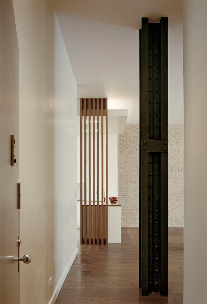 Ejemplo de distribuidor moderno de tamaño medio con paredes blancas, suelo de madera oscura, puerta simple, puerta marrón y suelo marrón