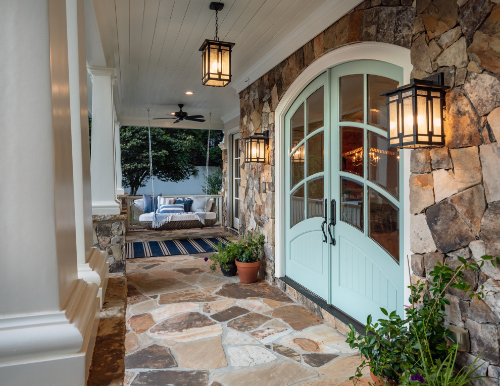 Inspiration for a large classic front door in Atlanta with a double front door, a blue front door and a timber clad ceiling.