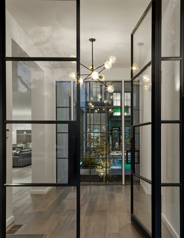 Immagine di una porta d'ingresso design di medie dimensioni con pareti beige, pavimento in legno massello medio, una porta a due ante e una porta in vetro