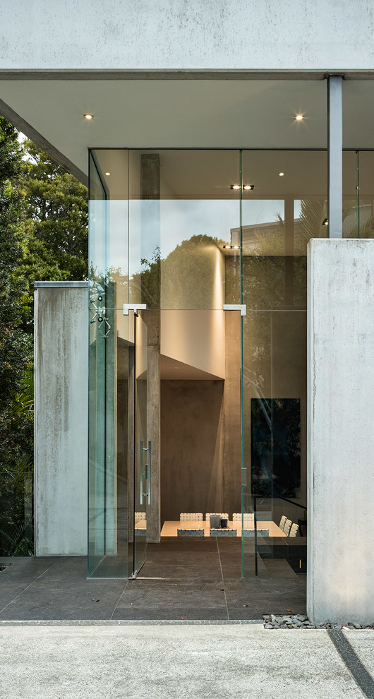 Источник вдохновения для домашнего уюта: входная дверь в стиле модернизм с полом из керамической плитки, поворотной входной дверью, стеклянной входной дверью, черным полом и серыми стенами