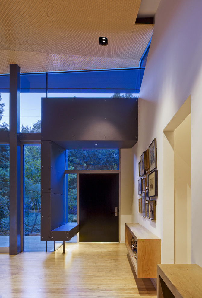Inspiration for a small modern light wood floor foyer remodel in San Francisco with white walls and a dark wood front door