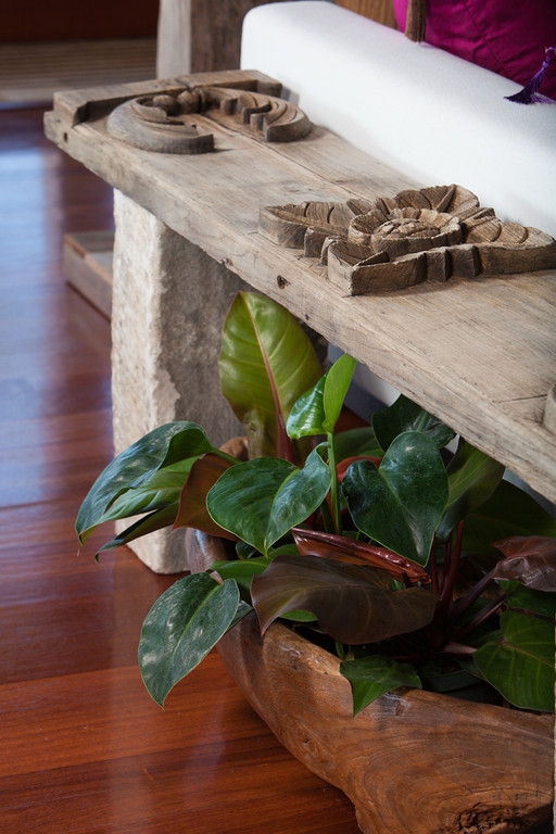 Modelo de hall tropical de tamaño medio con suelo de madera en tonos medios
