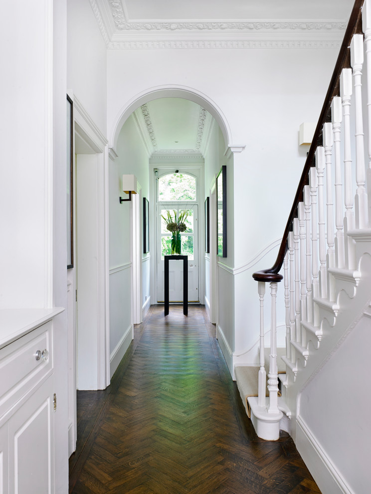 Пример оригинального дизайна: узкая прихожая в классическом стиле с белыми стенами, темным паркетным полом, одностворчатой входной дверью, белой входной дверью и коричневым полом