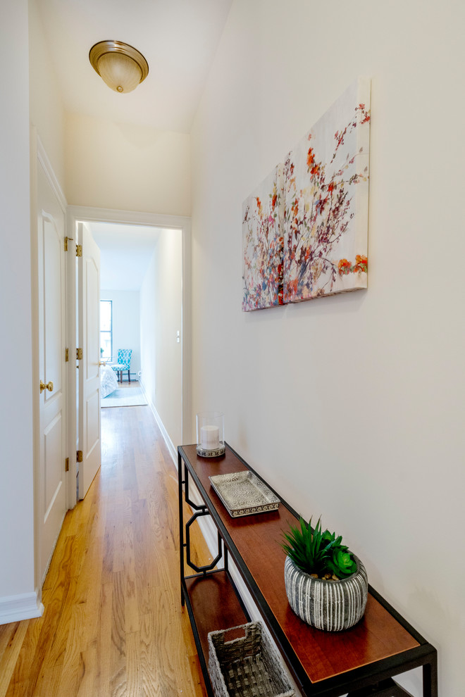 Kleiner Klassischer Eingang mit Korridor, weißer Wandfarbe, hellem Holzboden, Einzeltür, weißer Haustür und beigem Boden in New York