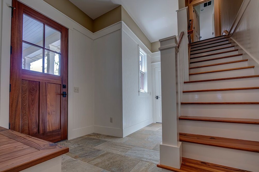 Inspiration for a medium sized classic boot room in Atlanta with white walls, porcelain flooring, a stable front door and a medium wood front door.