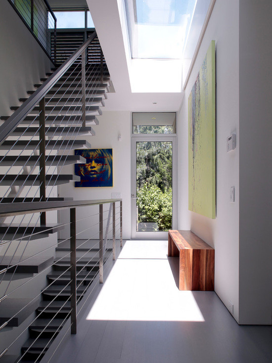 This is an example of a medium sized modern hallway in New York with white walls, dark hardwood flooring, a single front door and a glass front door.