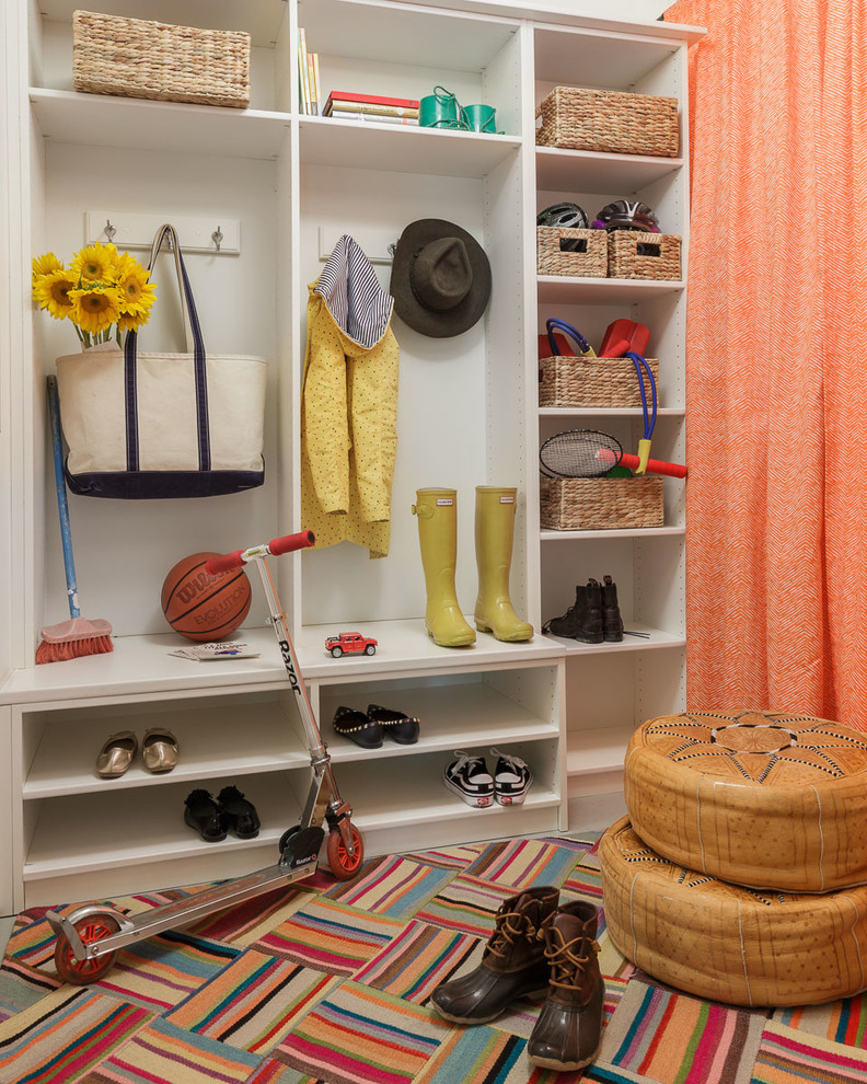 Example of a small transitional carpeted and multicolored floor mudroom design in San Francisco with white walls