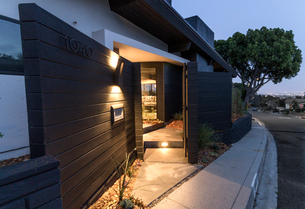 Mittelgroße Moderne Haustür mit weißer Wandfarbe, Betonboden, Einzeltür und schwarzer Haustür in Los Angeles