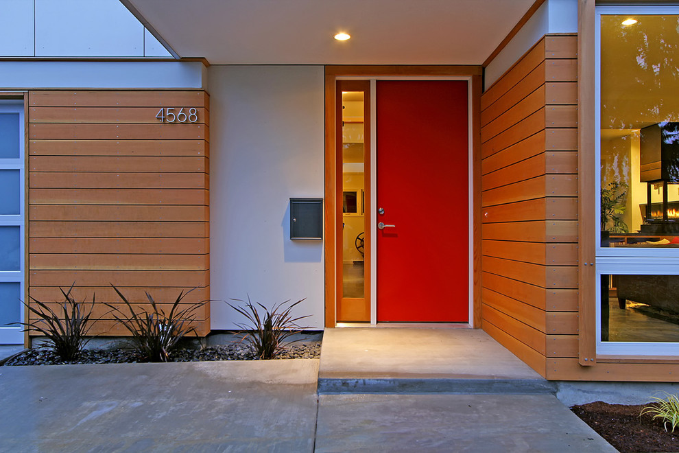 Пример оригинального дизайна: входная дверь в современном стиле с одностворчатой входной дверью и красной входной дверью