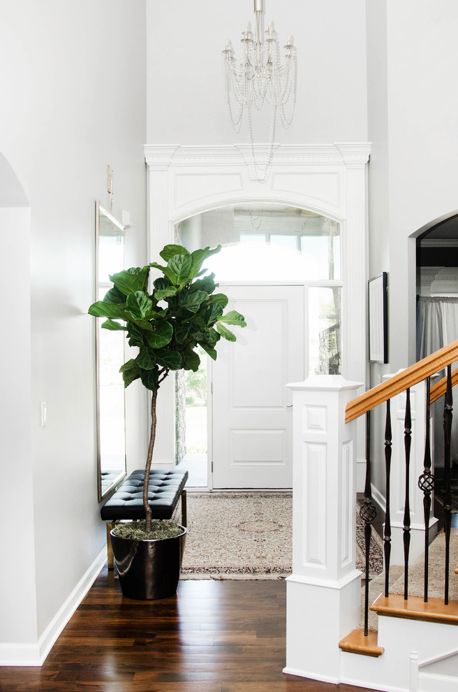 Inspiration for a medium sized traditional foyer in Other with grey walls, dark hardwood flooring, a single front door, a white front door and brown floors.