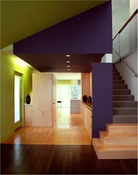 デンバーにある中くらいなエクレクティックスタイルのおしゃれな玄関ロビー (緑の壁、濃色無垢フローリング、ガラスドア、茶色い床) の写真