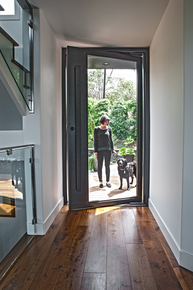 Entryway - small transitional medium tone wood floor entryway idea in San Diego with white walls and a metal front door