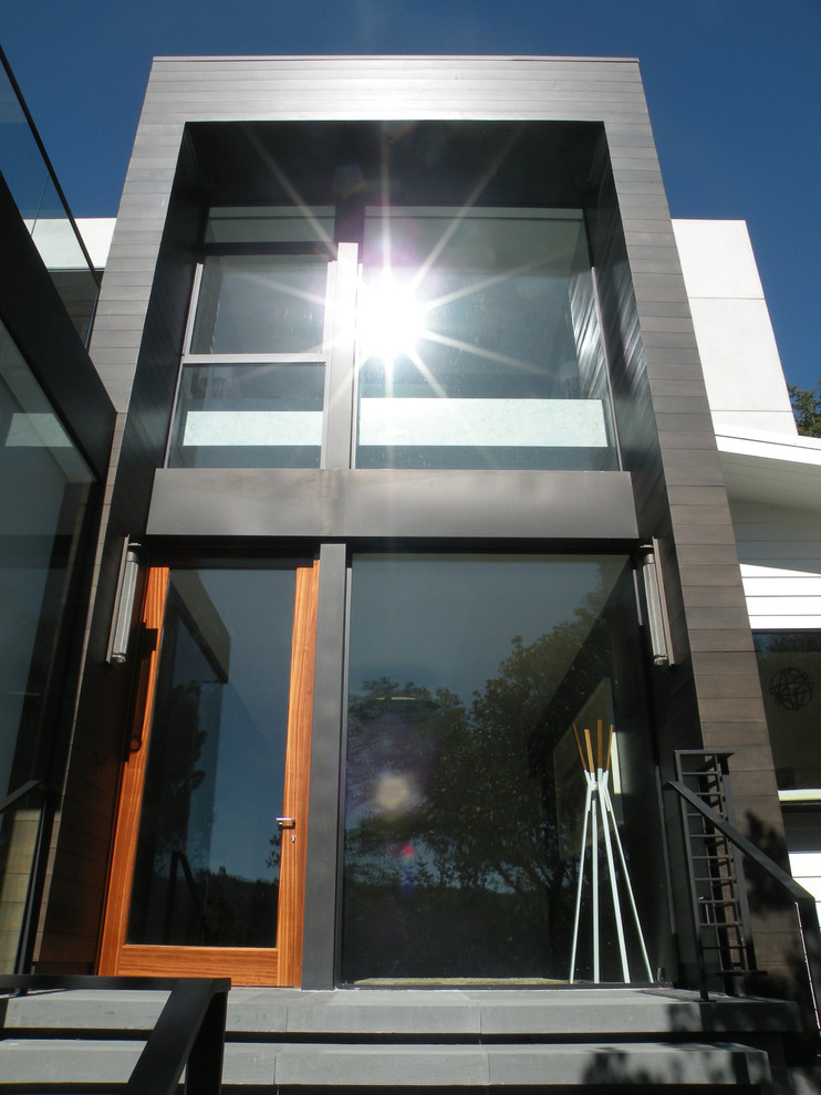 Example of a large minimalist front door design in San Francisco with black walls and a glass front door