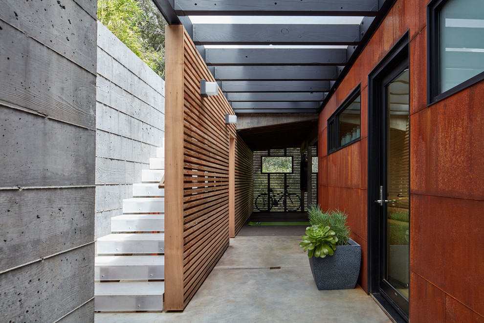 Пример оригинального дизайна: большая входная дверь в стиле модернизм с коричневыми стенами, бетонным полом, одностворчатой входной дверью и черной входной дверью