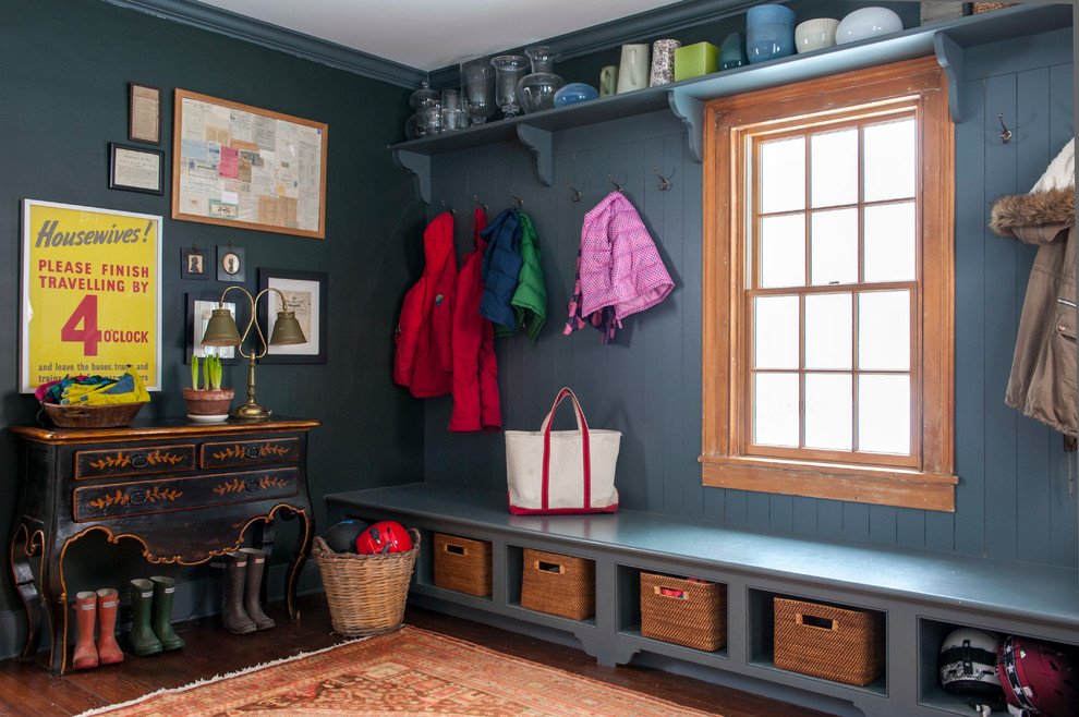 Inspiration for a timeless entryway remodel in Bridgeport with blue walls
