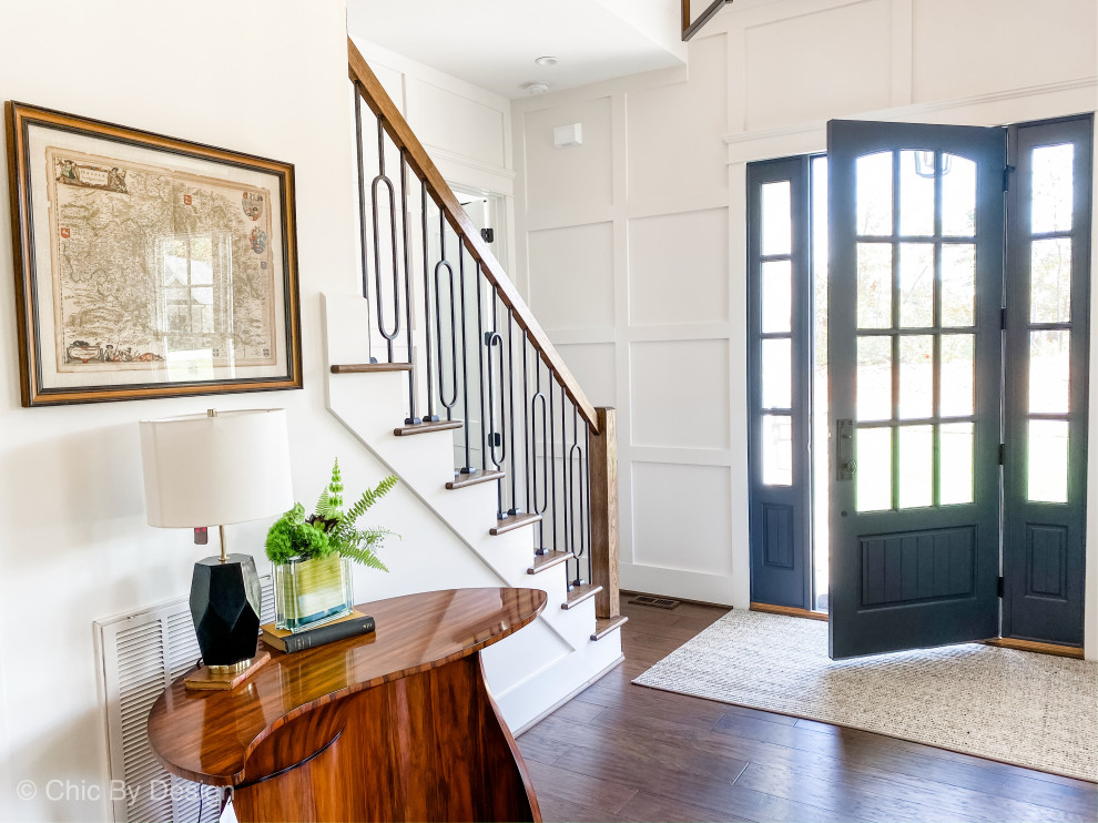 Inspiration for a medium sized traditional foyer in Other with white walls, dark hardwood flooring, a single front door, a grey front door and brown floors.