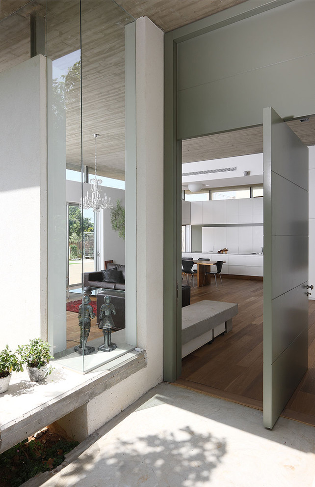 Mittelgroße Moderne Haustür mit Drehtür, grauer Haustür, weißer Wandfarbe und dunklem Holzboden in Sonstige