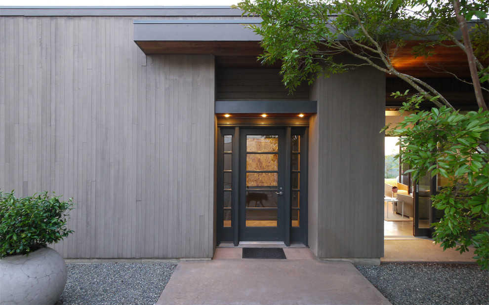 Идея дизайна: входная дверь среднего размера в современном стиле с коричневыми стенами, бетонным полом, поворотной входной дверью и зеленой входной дверью