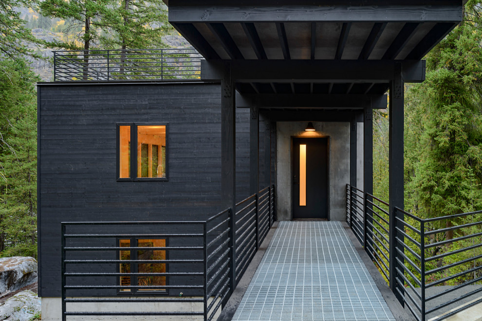Bild på en funkis ingång och ytterdörr, med svarta väggar, en enkeldörr, en svart dörr och grått golv
