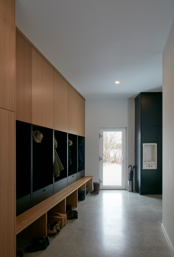 На фото: огромный тамбур со шкафом для обуви в стиле модернизм с белыми стенами, бетонным полом, одностворчатой входной дверью, стеклянной входной дверью и серым полом