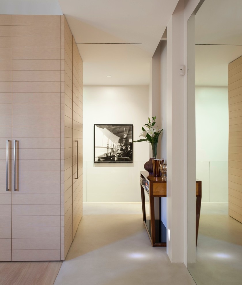 Idee per un ingresso o corridoio design di medie dimensioni con pareti bianche, pavimento in cemento e pavimento beige