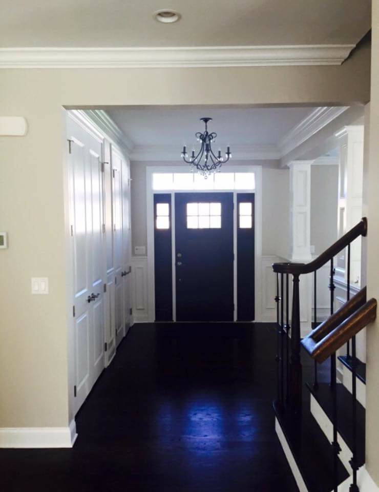 Mittelgroße Klassische Haustür mit beiger Wandfarbe, dunklem Holzboden, Einzeltür und dunkler Holzhaustür in New York